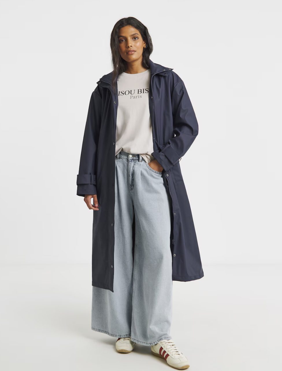The Minimal Long Raincoat: Simply Be Navy Longline Rubberised Raincoat